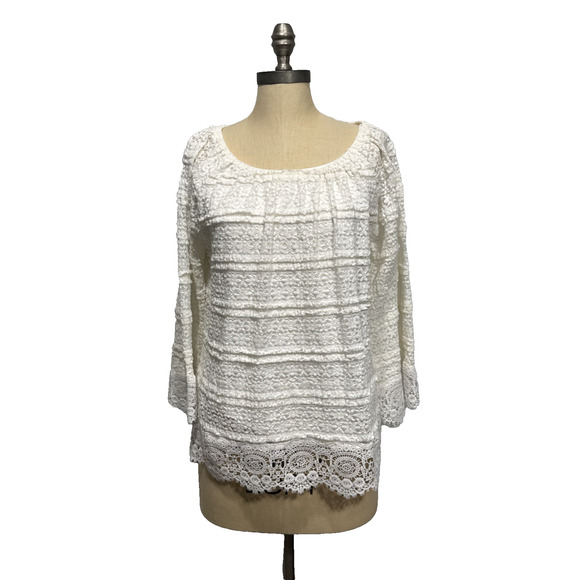 Skye's The Limit Womans Lace Overlay Top Size M White 3/4 Sleeve Cottage Peasant - Picture 1 of 11